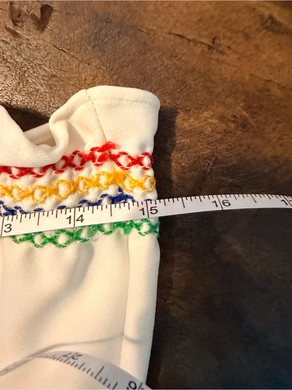 VINTAGE 70s! White Knit Jersey Jumpsuit with Smocked Rainbow Trim, drawstring - Picture 10 of 16